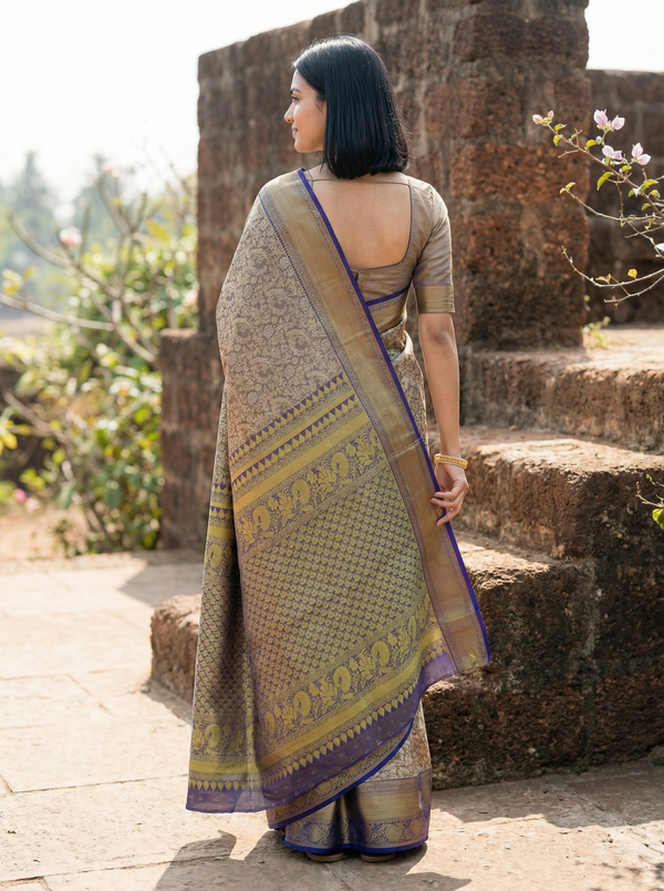 Champagne Gold Kanchipuram Inspired Semi Silk Saree with Medium Medium Contrast Border
