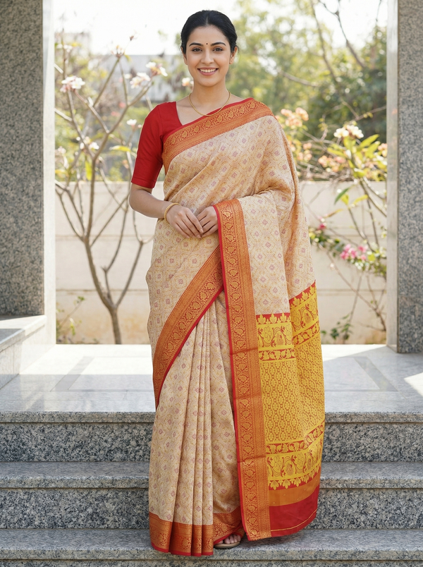 Champagne Gold Dharmavaram Inspired Semi Silk Saree with Wide Wide Contrast Border