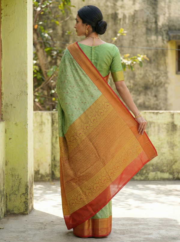 Sage Green Dharmavaram Inspired Semi Silk Saree with Wide Wide Contrast Border
