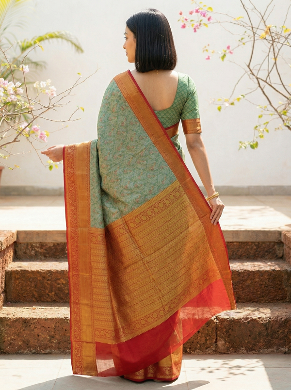 Sage Green Gadwal Inspired Semi Silk Saree with Wide Wide Contrast Border