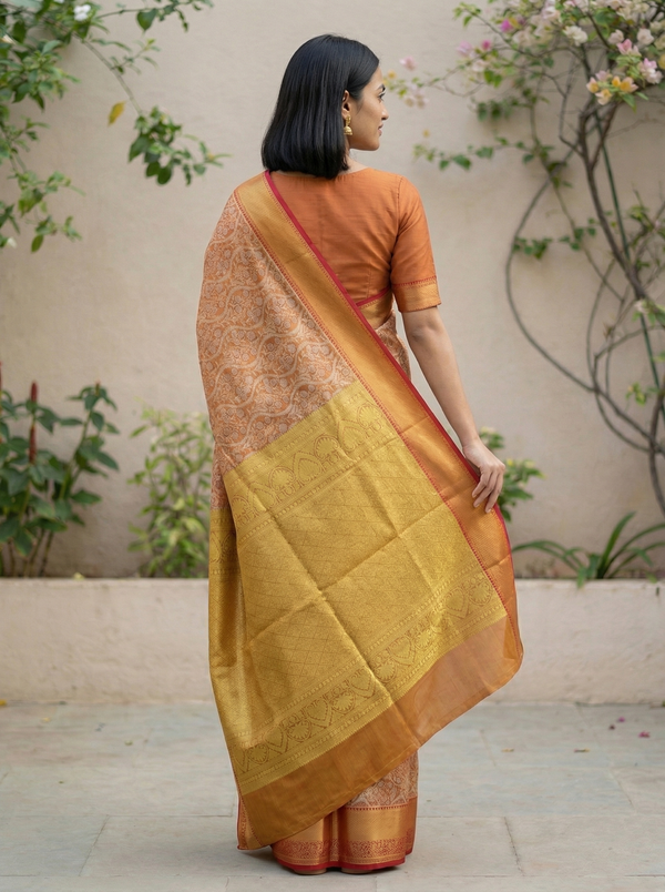 Burnt Orange Kanchipuram Inspired Semi Silk Saree with Medium Medium Contrast Border