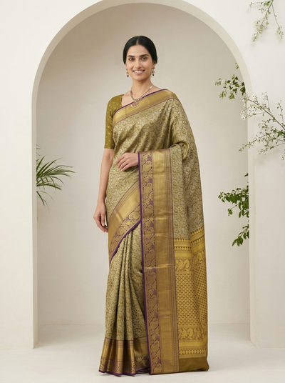 Olive Gold Dharmavaram Inspired Semi Silk Saree with Wide Wide Contrast Border