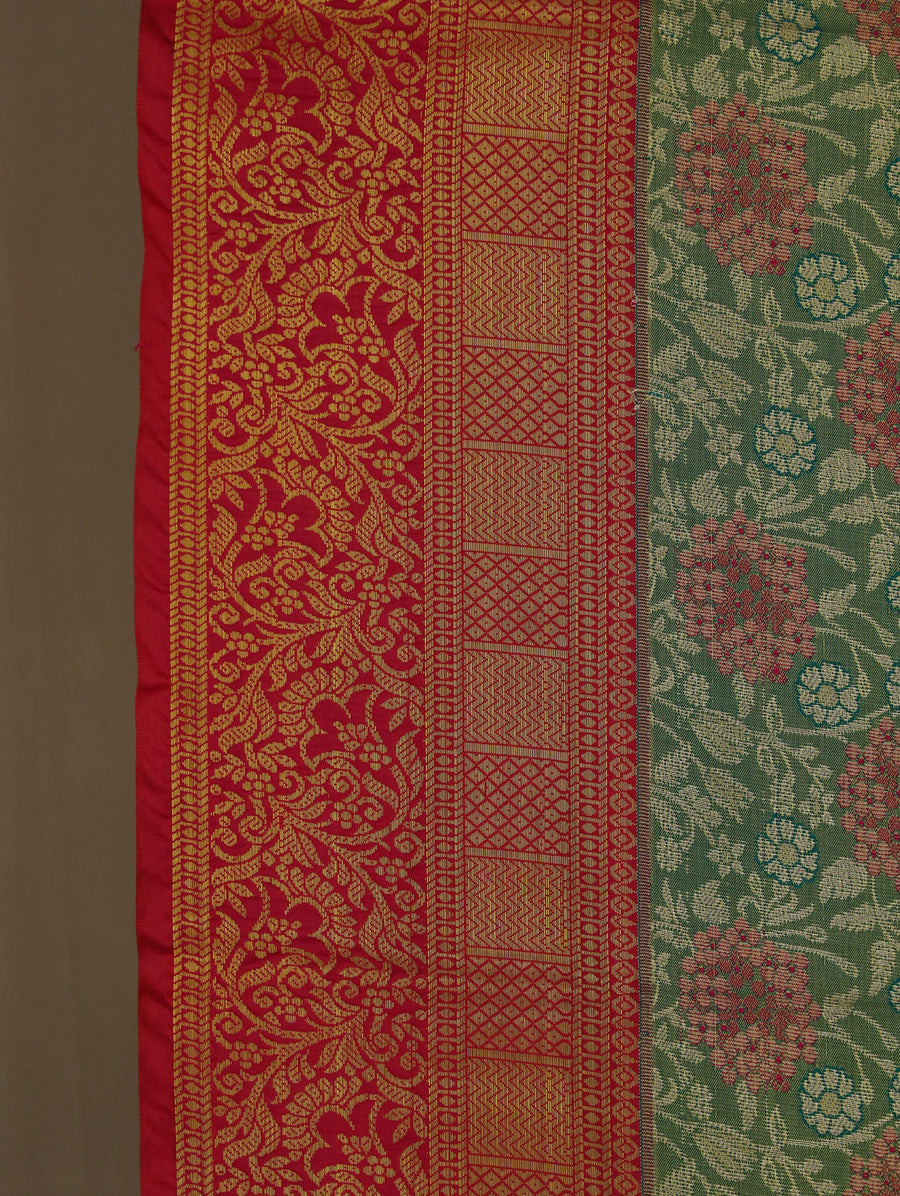 Mint Green Kanchipuram Inspired Semi Silk Saree with Wide Wide Contrast Border