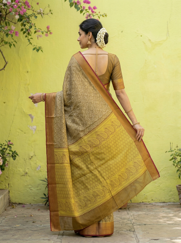Antique Gold Kanchipuram Inspired Semi Silk Saree with Medium Medium Contrast Border