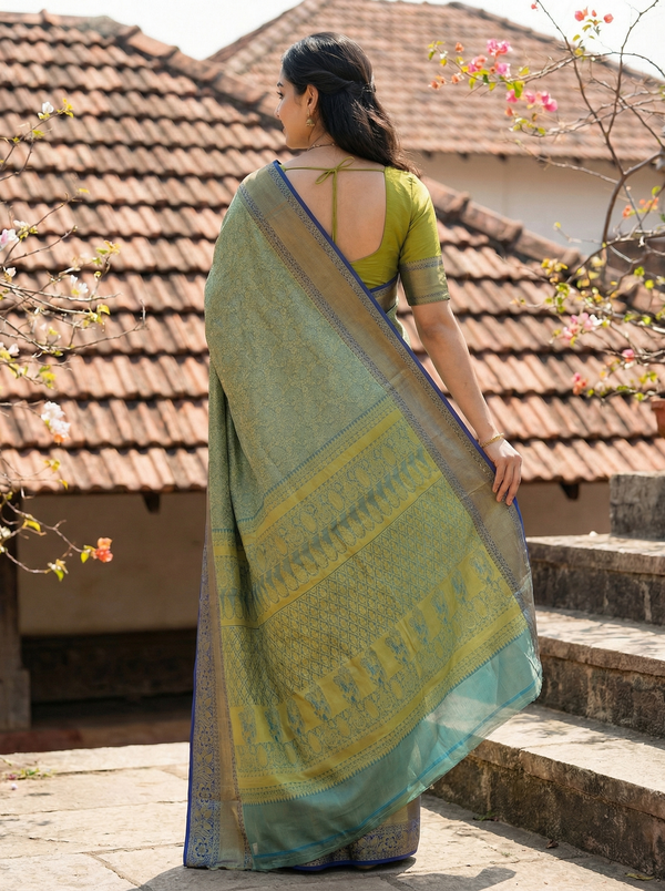 Sage Green Mysore Inspired Semi Silk Saree with Wide Wide Contrast Border
