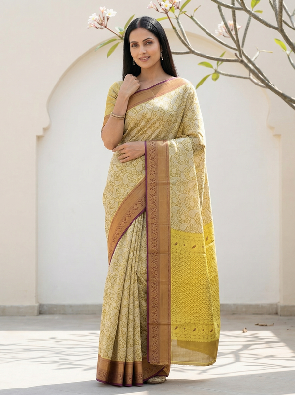 Sunlit Mustard Uppada Inspired Semi Silk Saree with Wide Wide Contrast Border