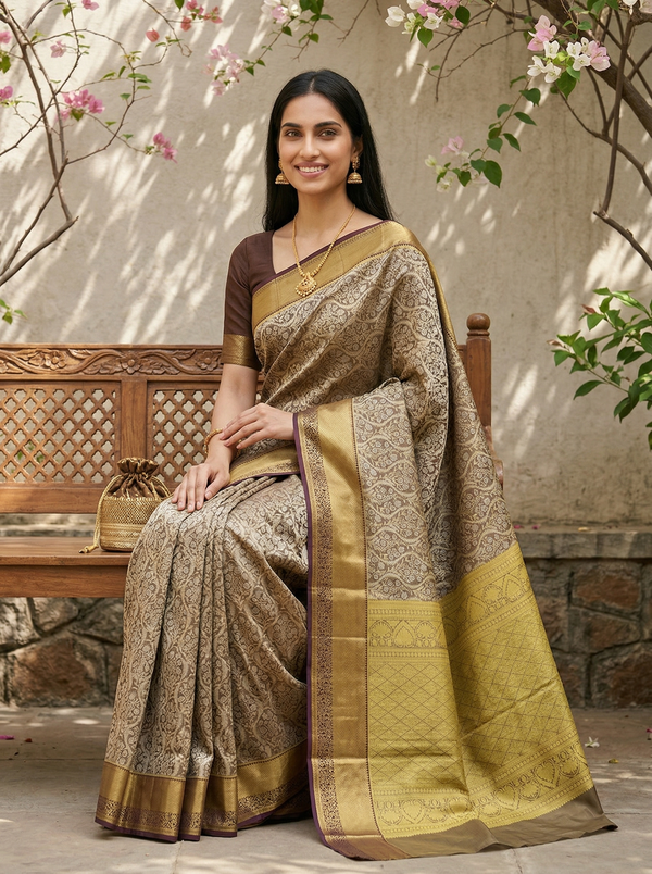 Champagne Gold Kanchipuram Inspired Semi Silk Saree with Medium Medium Contrast Border