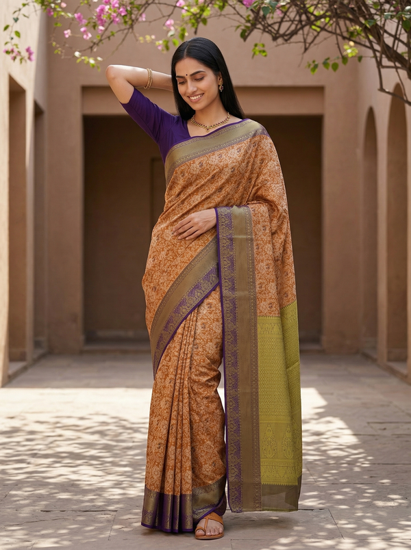 Olive Green Kanchipuram Inspired Semi Silk Saree with Medium Medium Contrast Border