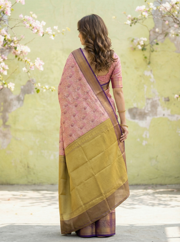 Dusty Rose Kanchipuram Inspired Semi Silk Saree with Wide Wide Contrast Border