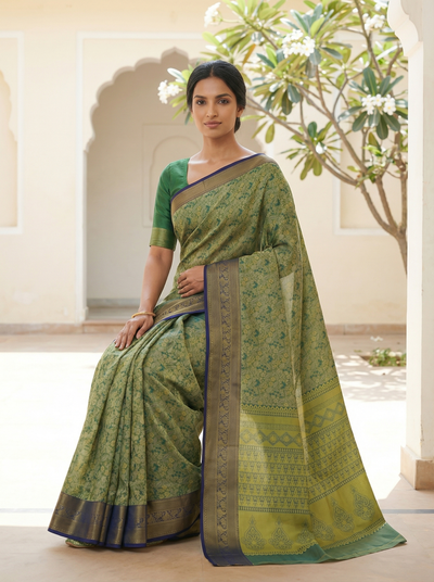 Olive Green Uppada Inspired Semi Silk Saree with Narrow Narrow Contrast Border
