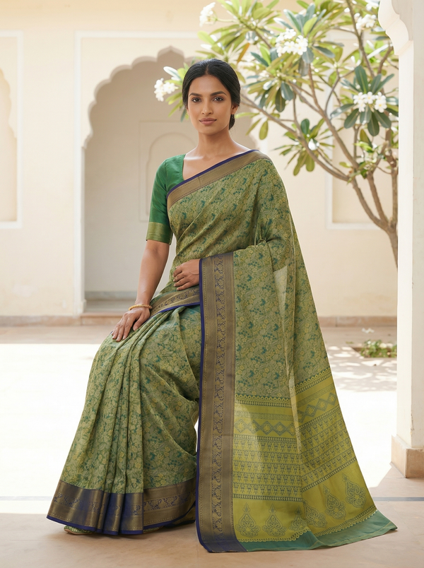 Olive Green Uppada Inspired Semi Silk Saree with Narrow Narrow Contrast Border