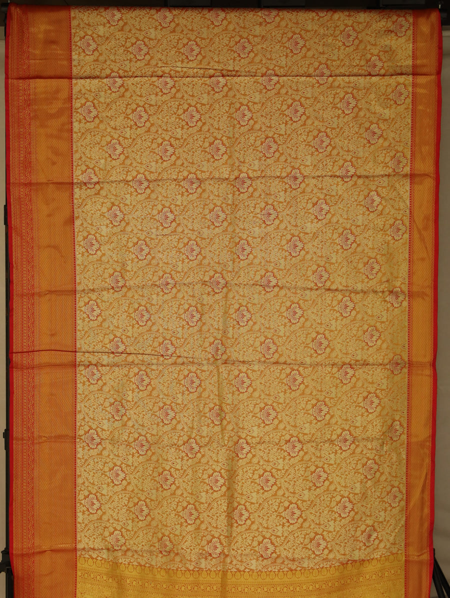 Champagne Gold Kanchipuram Inspired Semi Silk Saree with Wide Wide Contrast Border