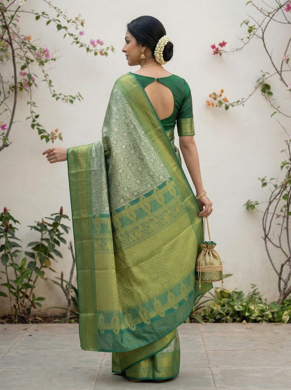 Mint Green Gadwal Inspired Semi Silk Saree with Medium Medium Contrast Border