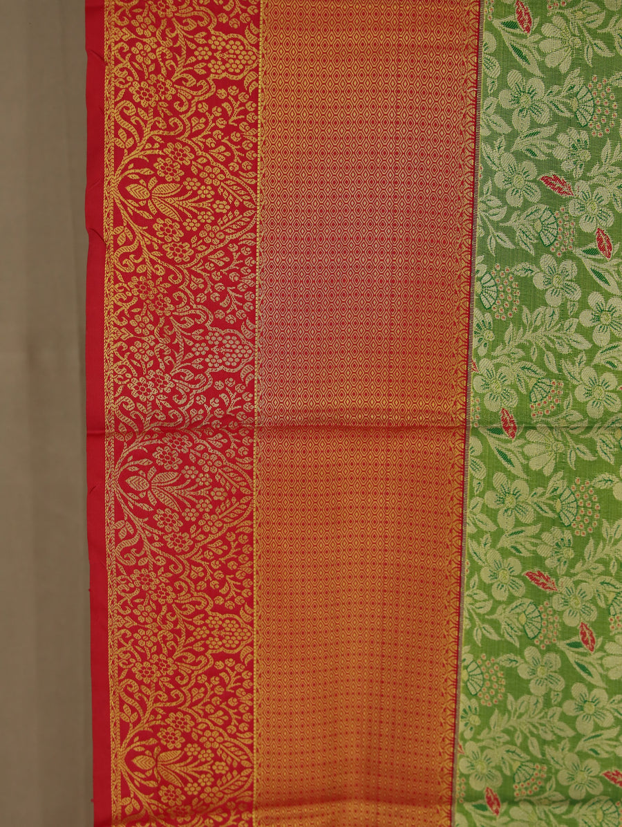 Sage Green Kanchipuram Inspired Semi Silk Saree with Wide Wide Contrast Border