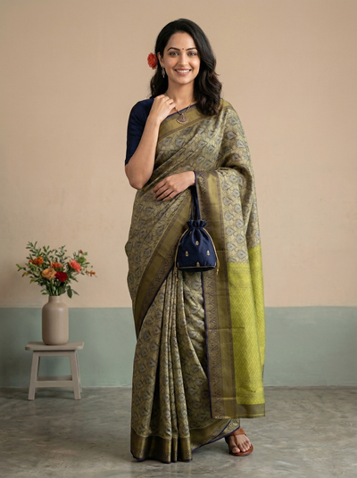 Mustard Yellow Kanchipuram Inspired Semi Silk Saree with Medium Medium Contrast Border