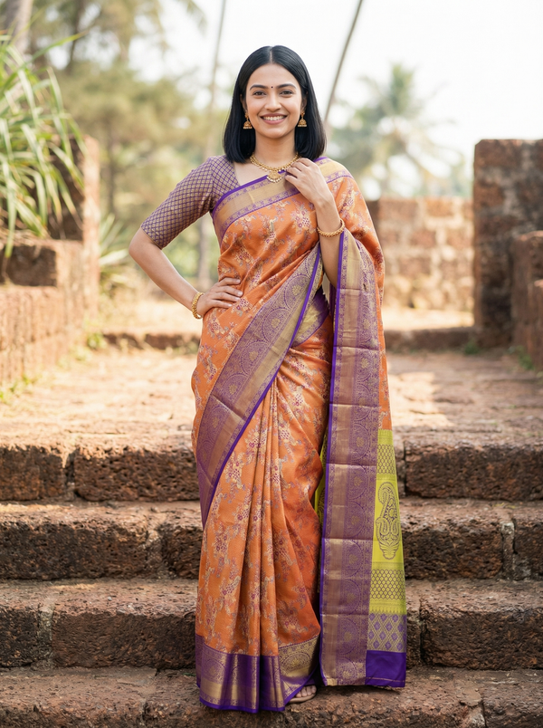Burnt Orange Kanchipuram Inspired Semi Silk Saree with Wide Wide Contrast Border