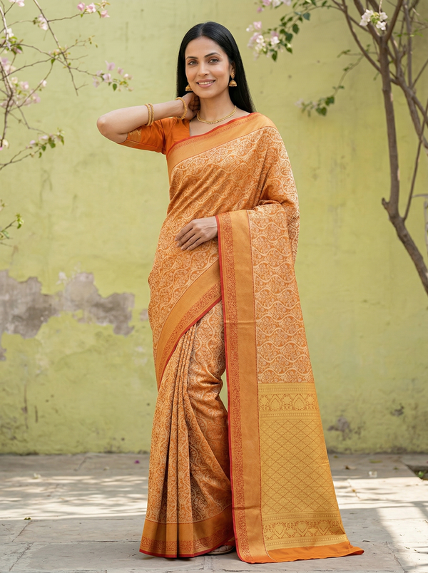 Burnt Orange Gadwal Inspired Semi Silk Saree with Medium Medium Contrast Border