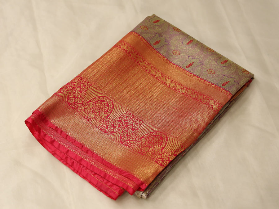 Champagne Gold Kanchipuram Inspired Semi Silk Saree with Wide Wide Contrast Border