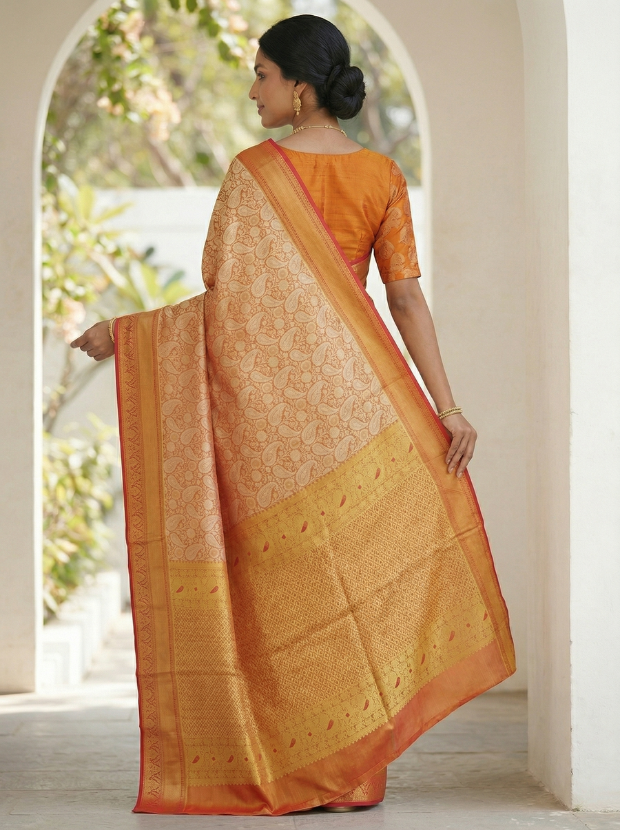 Burnt Orange Dharmavaram Inspired Semi Silk Saree with Wide Wide Contrast Border