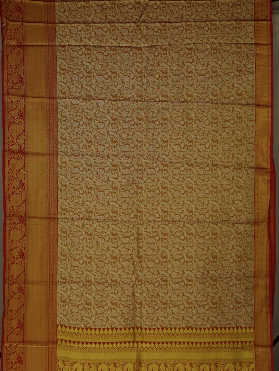 Champagne Gold Kanchipuram Inspired Semi Silk Saree with Wide Wide Contrast Border
