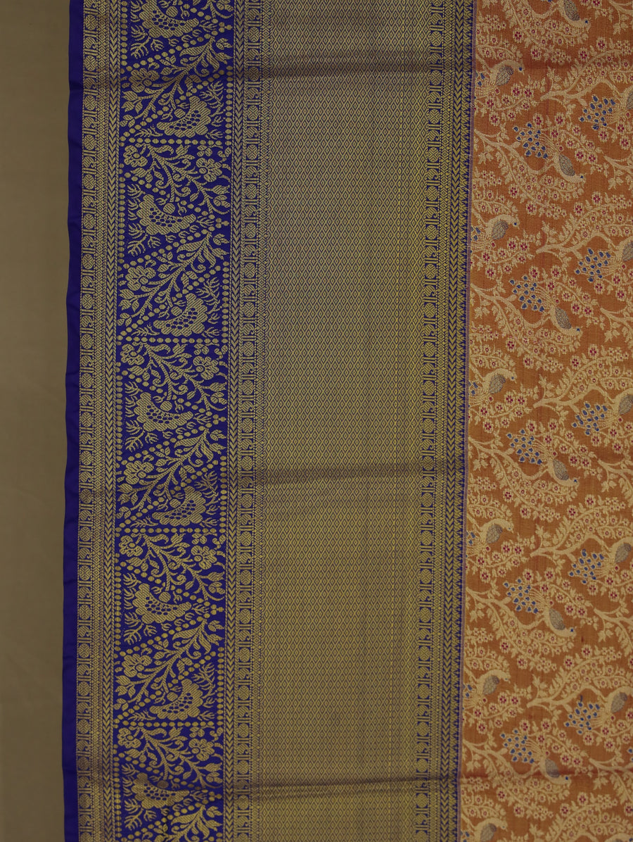 Rust Orange Banarasi Inspired Semi Silk Saree with Medium Medium Contrast Border