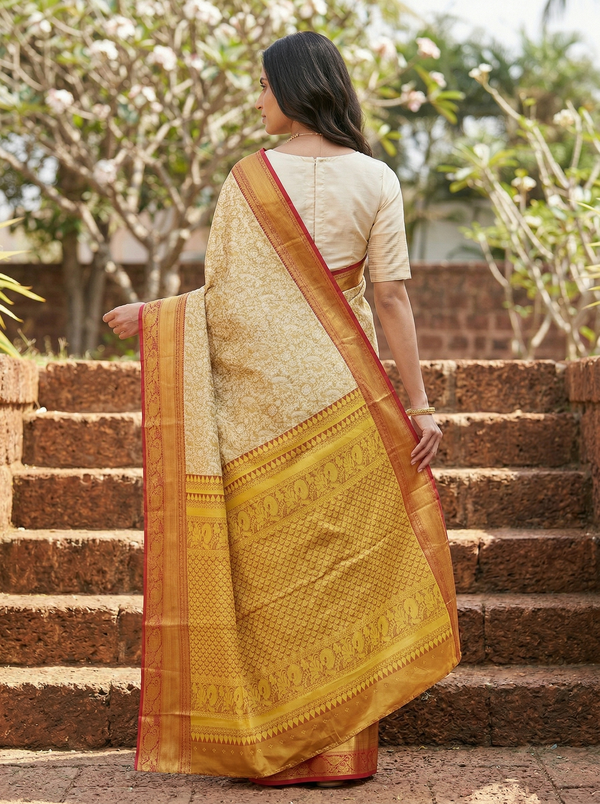 Champagne Gold Kanchipuram Inspired Semi Silk Saree with Wide Wide Contrast Border