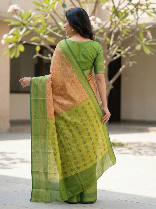 Olive Green Uppada Inspired Semi Silk Saree with Medium Medium Contrast Border