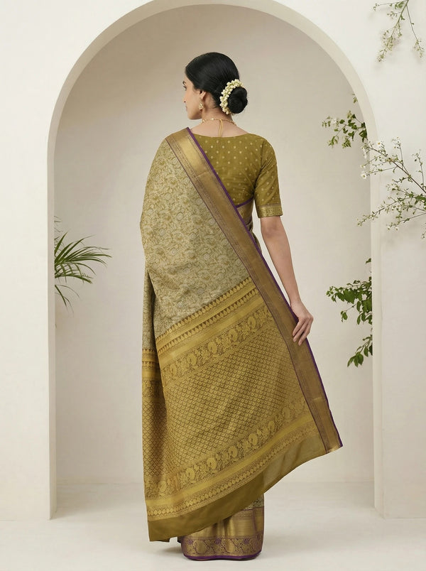 Olive Gold Dharmavaram Inspired Semi Silk Saree with Wide Wide Contrast Border