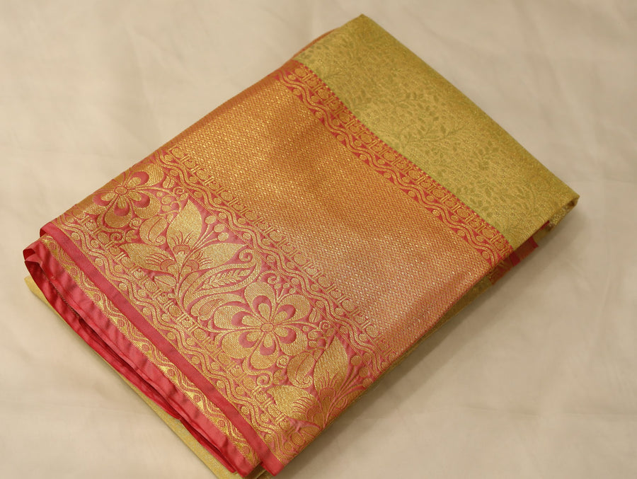 Champagne Gold Kanchipuram Inspired Semi Silk Saree with Medium Medium Contrast Border