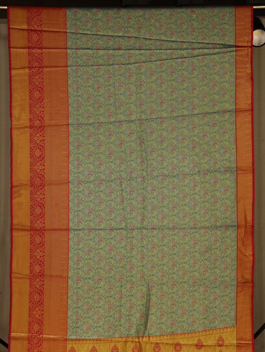 Sage Green Dharmavaram Inspired Semi Silk Saree with Medium Medium Contrast Border