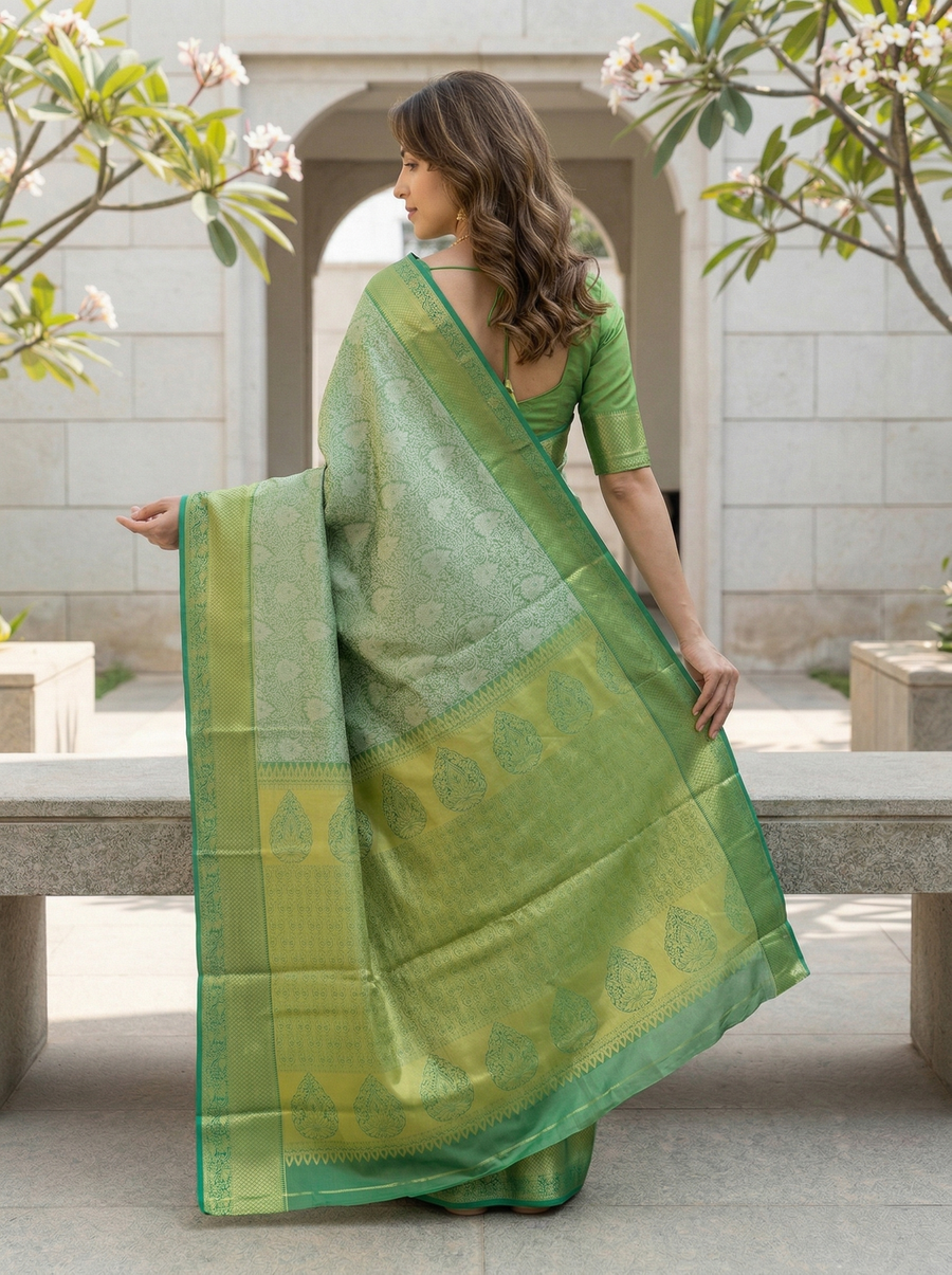 Mint Green Kanchipuram Inspired Semi Silk Saree with Wide Wide Contrast Border