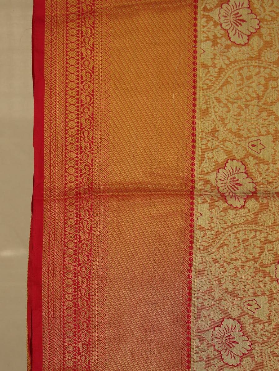 Sunset Gold Kanchipuram Inspired Semi Silk Saree with Narrow Narrow Contrast Border