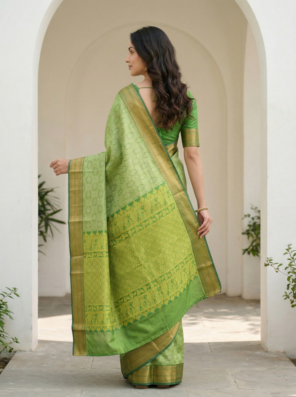 Spring Leaf Green Kanchipuram Inspired Semi Silk Saree with Wide Wide Contrast Border