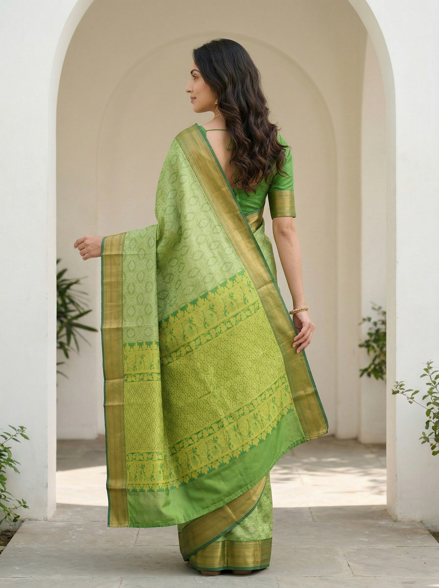 Spring Leaf Green Kanchipuram Inspired Semi Silk Saree with Wide Wide Contrast Border