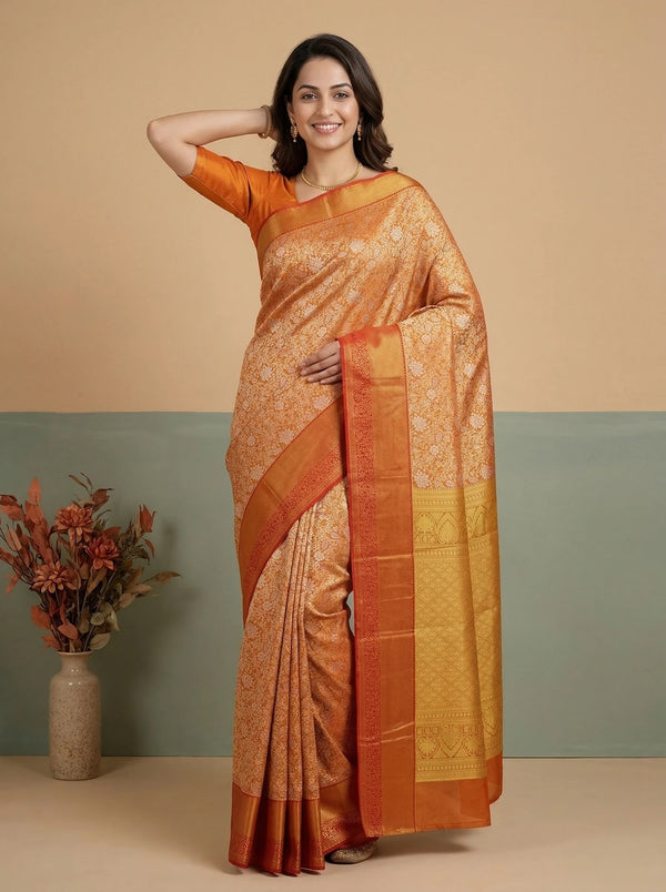 Burnt Orange Dharmavaram Inspired Semi Silk Saree with Wide Wide Contrast Border