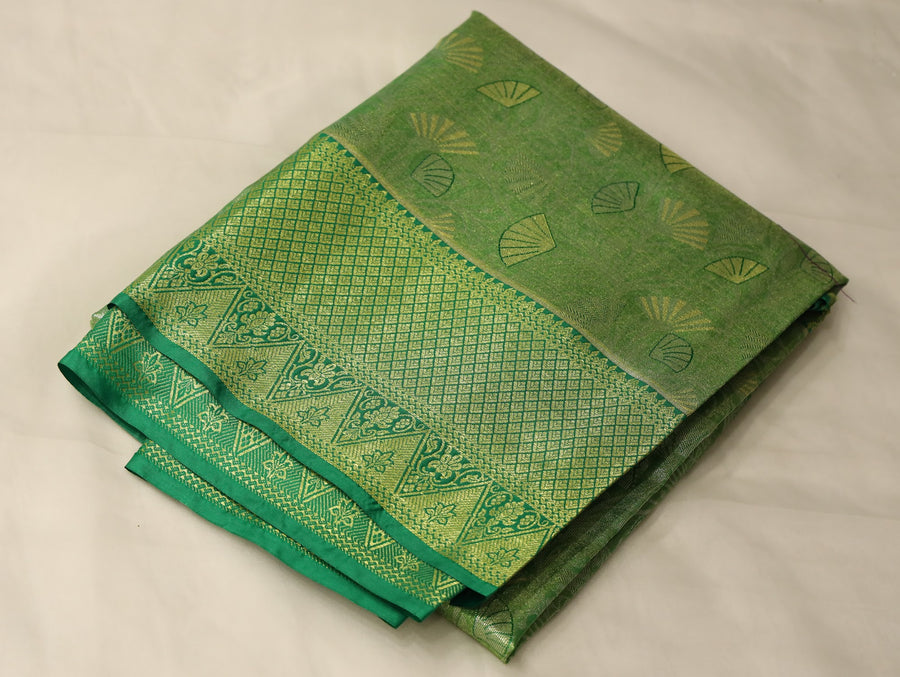 Olive Green Mysore Inspired Semi Silk Saree with Wide Wide Self Border
