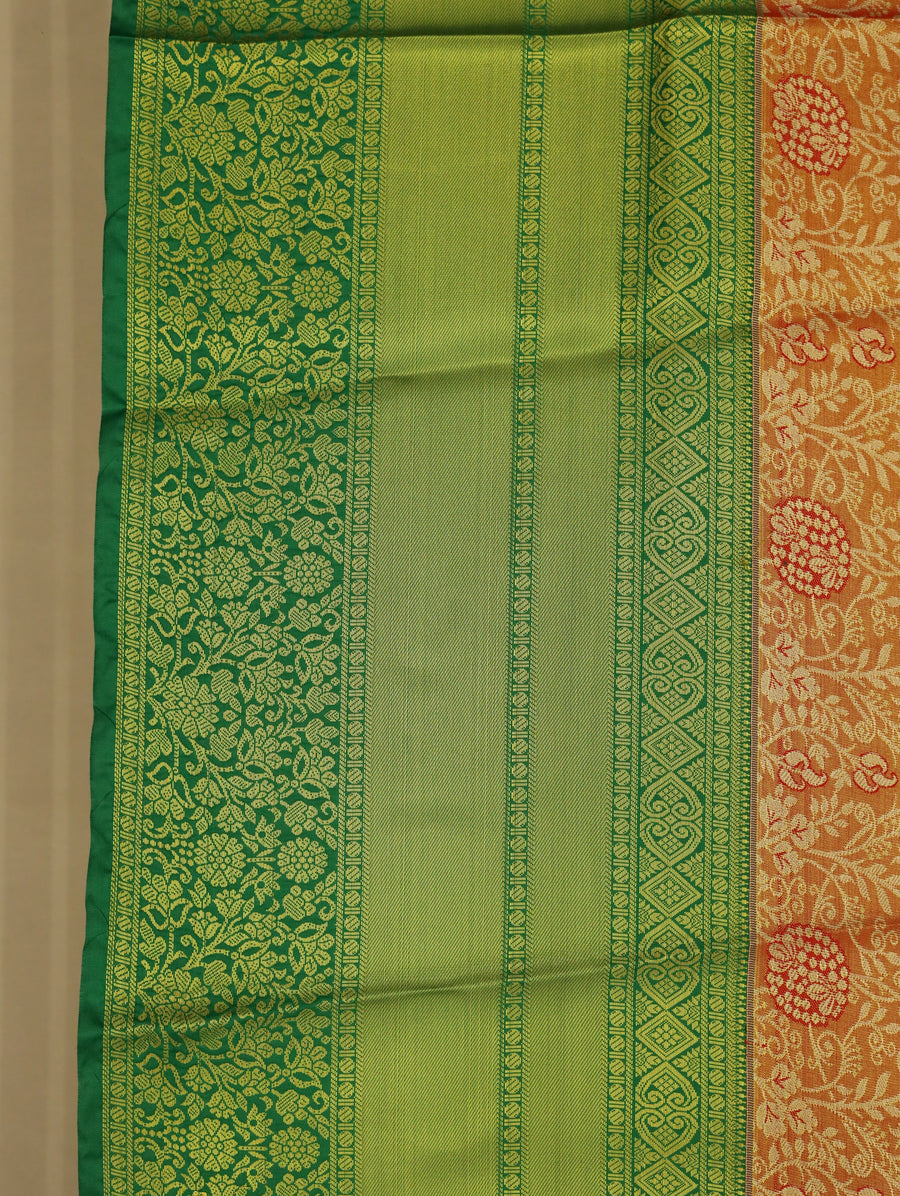 Pistachio Green Kanchipuram Inspired Semi Silk Saree with Wide Wide Contrast Border