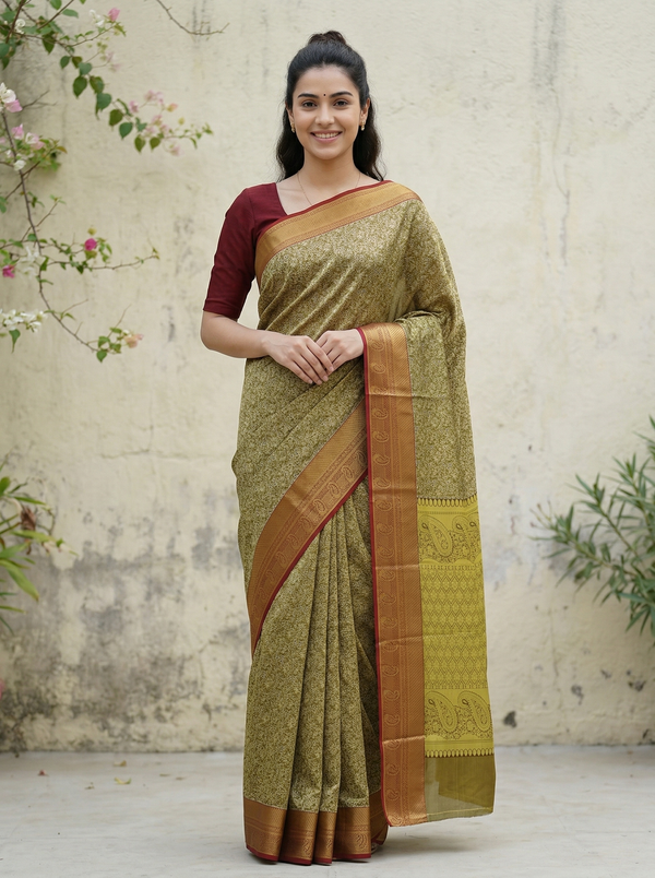 Olive Green Dharmavaram Inspired Semi Silk Saree with Wide Wide Contrast Border