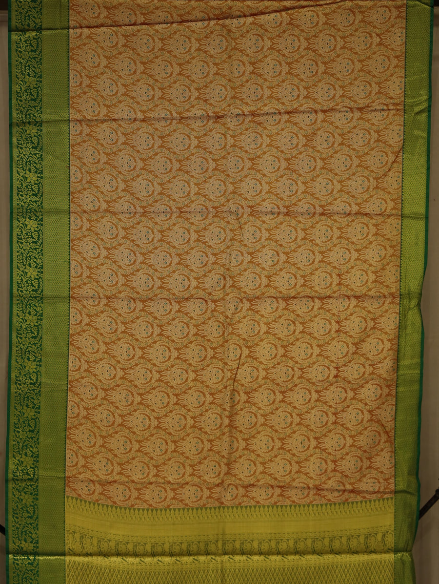 Champagne Gold Kanchipuram Inspired Semi Silk Saree with Wide Wide Contrast Border