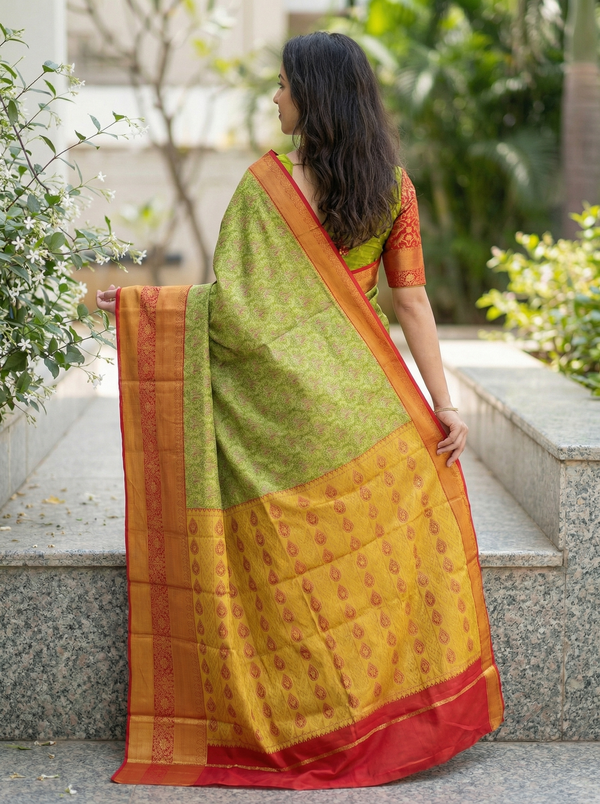 Lime Green Kanchipuram Inspired Semi Silk Saree with Wide Wide Contrast Border