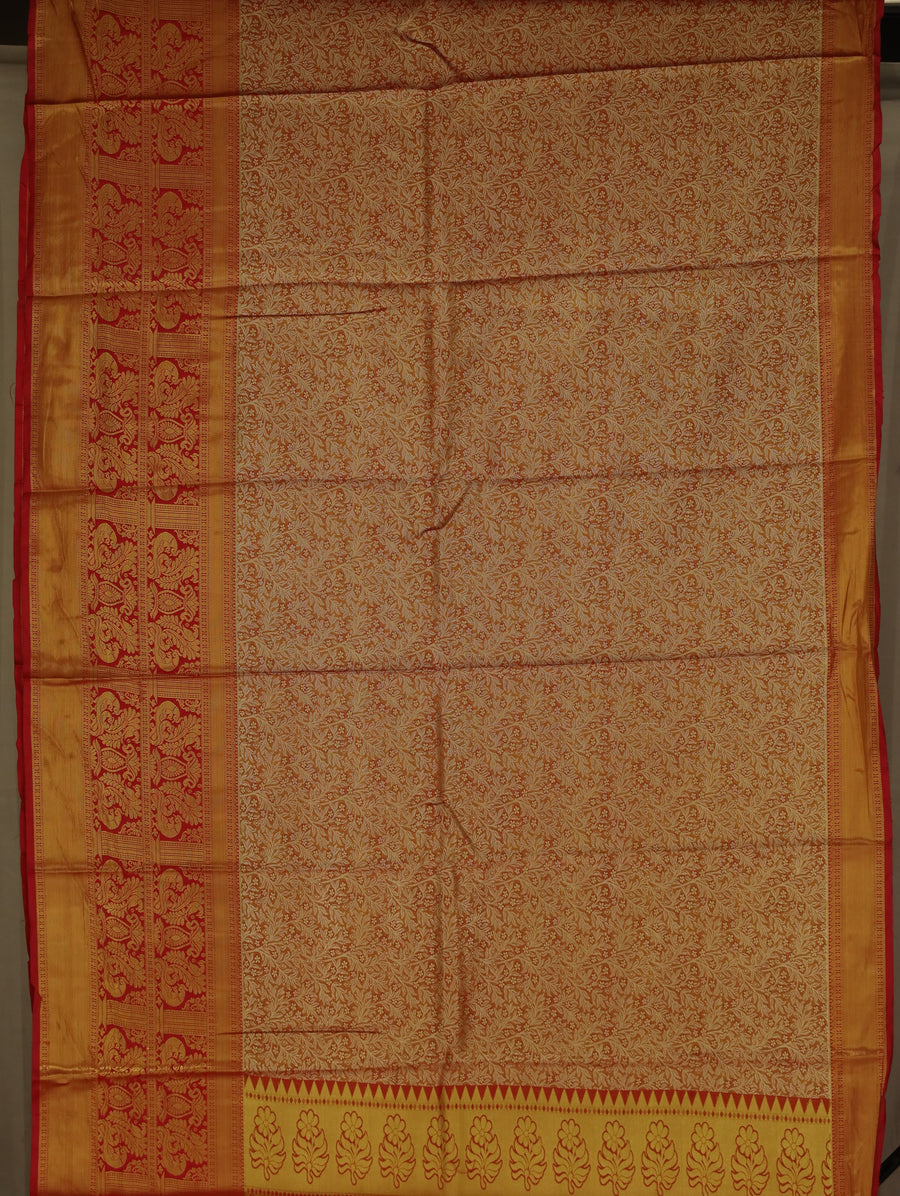 Sunset Orange Kanchipuram Inspired Semi Silk Saree with Medium Medium Contrast Border