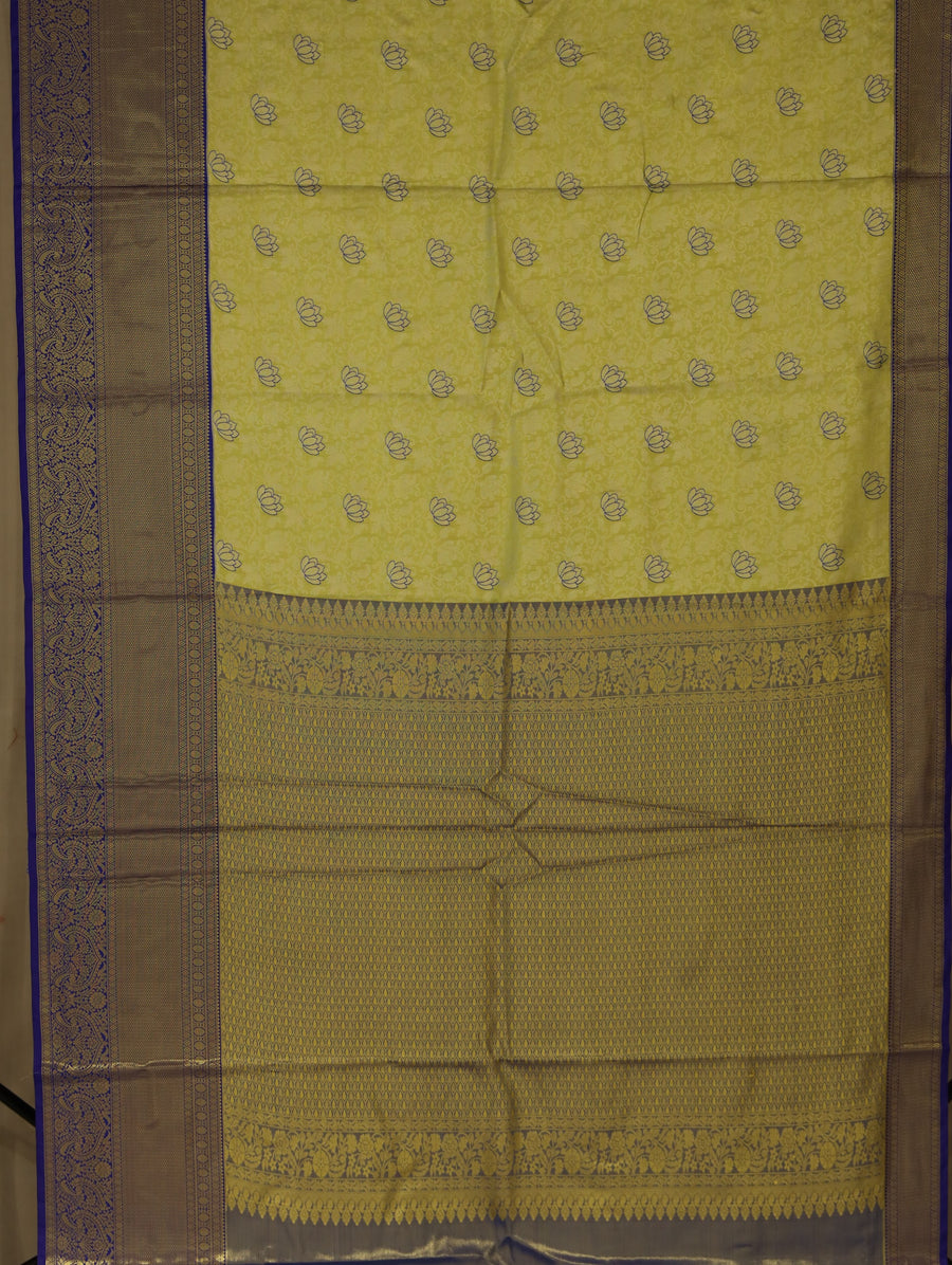 Golden Chartreuse Kanchipuram Inspired Semi Silk Saree with Wide Wide Contrast Border