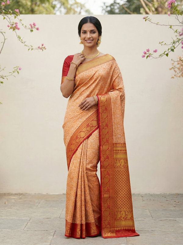 Terracotta Orange Dharmavaram Inspired Semi Silk Saree with Wide Wide Contrast Border