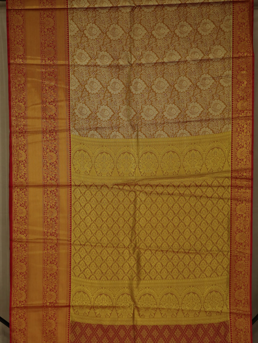 Champagne Gold Kanchipuram Inspired Semi Silk Saree with Wide Wide Contrast Border