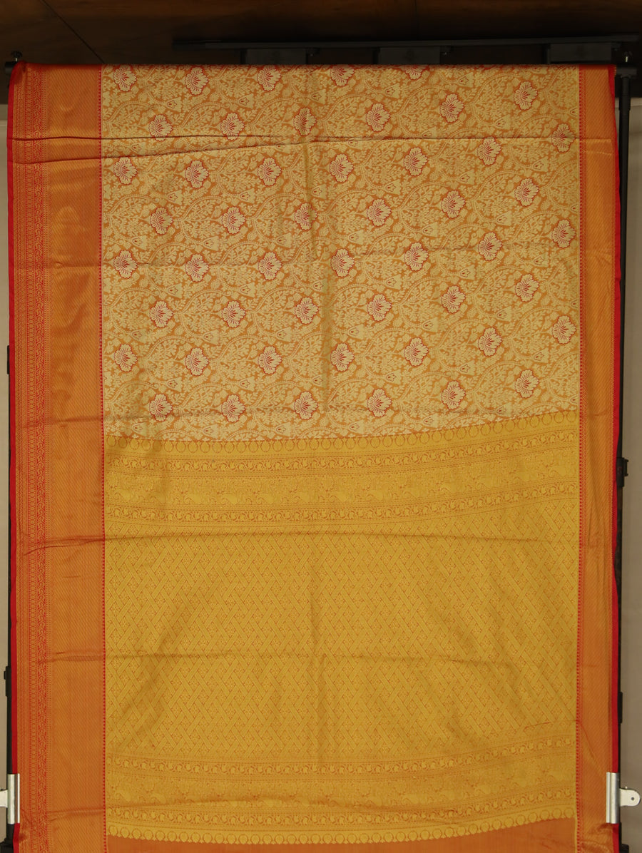 Champagne Gold Kanchipuram Inspired Semi Silk Saree with Wide Wide Contrast Border