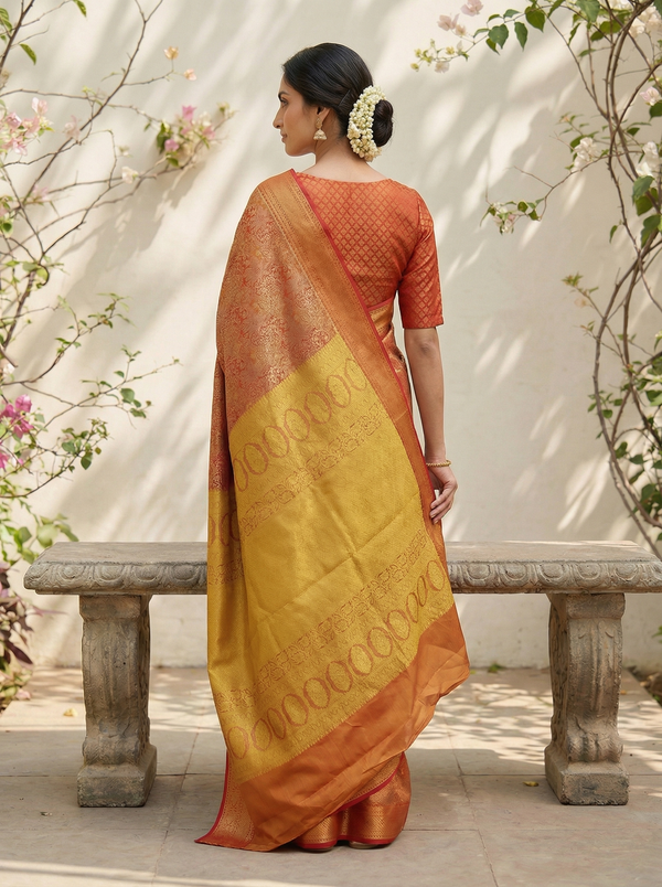 Burnt Orange Kanchipuram Inspired Semi Silk Saree with Wide Wide Contrast Border