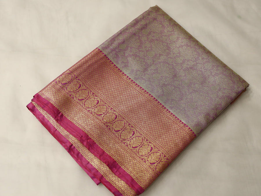 Champagne Gold Kanchipuram Inspired Semi Silk Saree with Wide Wide Contrast Border