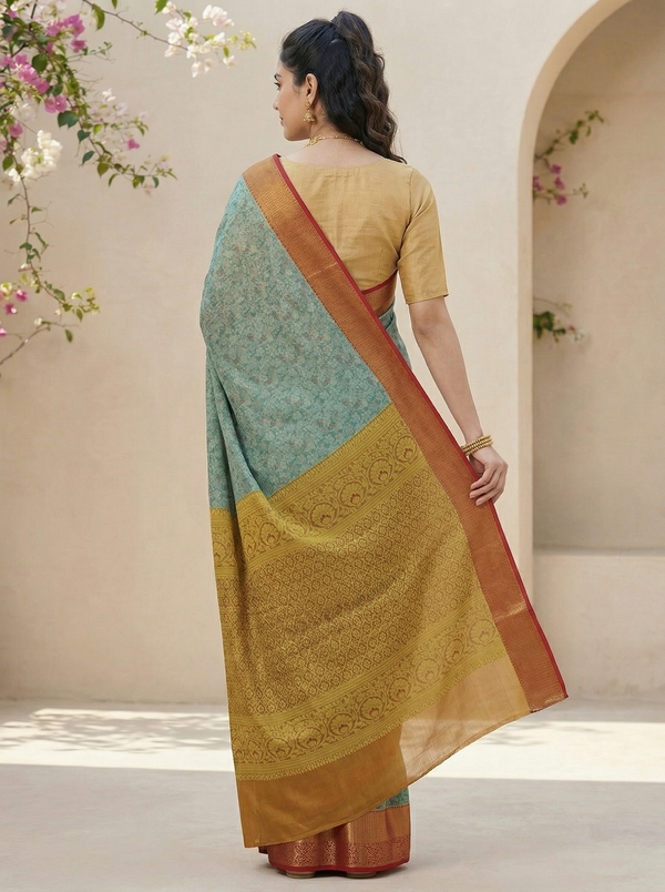 Sage Green Uppada Inspired Semi Silk Saree with Medium Medium Contrast Border