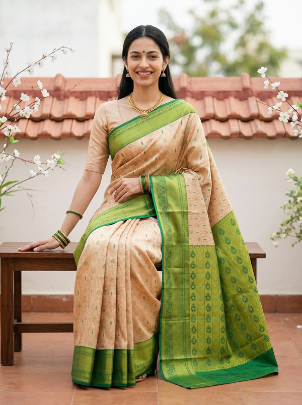 Champagne Gold Dharmavaram Inspired Semi Silk Saree with Wide Wide Contrast Border