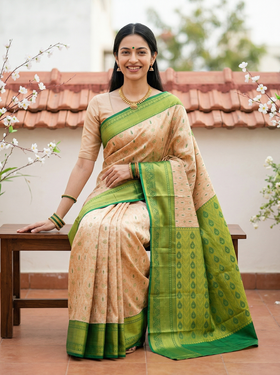 Champagne Gold Dharmavaram Inspired Semi Silk Saree with Wide Wide Contrast Border